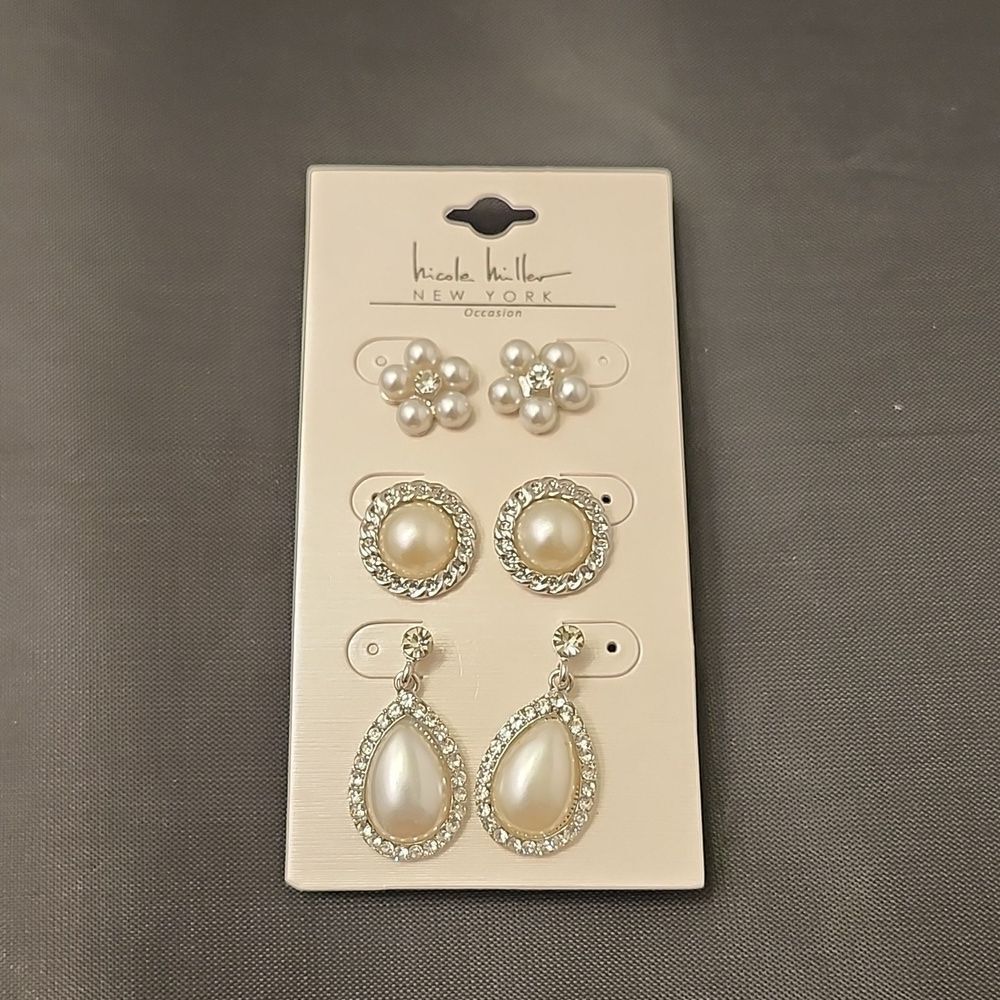 BRAND NEW NICOLE MILLER 3-PACK PEARL RHINESTONE EARRINGS